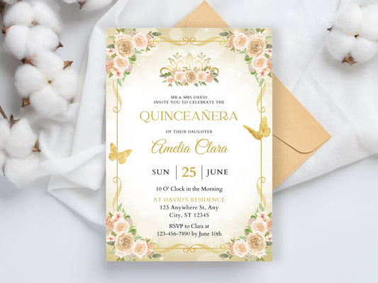 Quinceañera Invitation Template, Floral Miss Quince Anos, Gold Quinceanera Party Invite, Sweet 16, Girl 15th Birthday, Instant Download