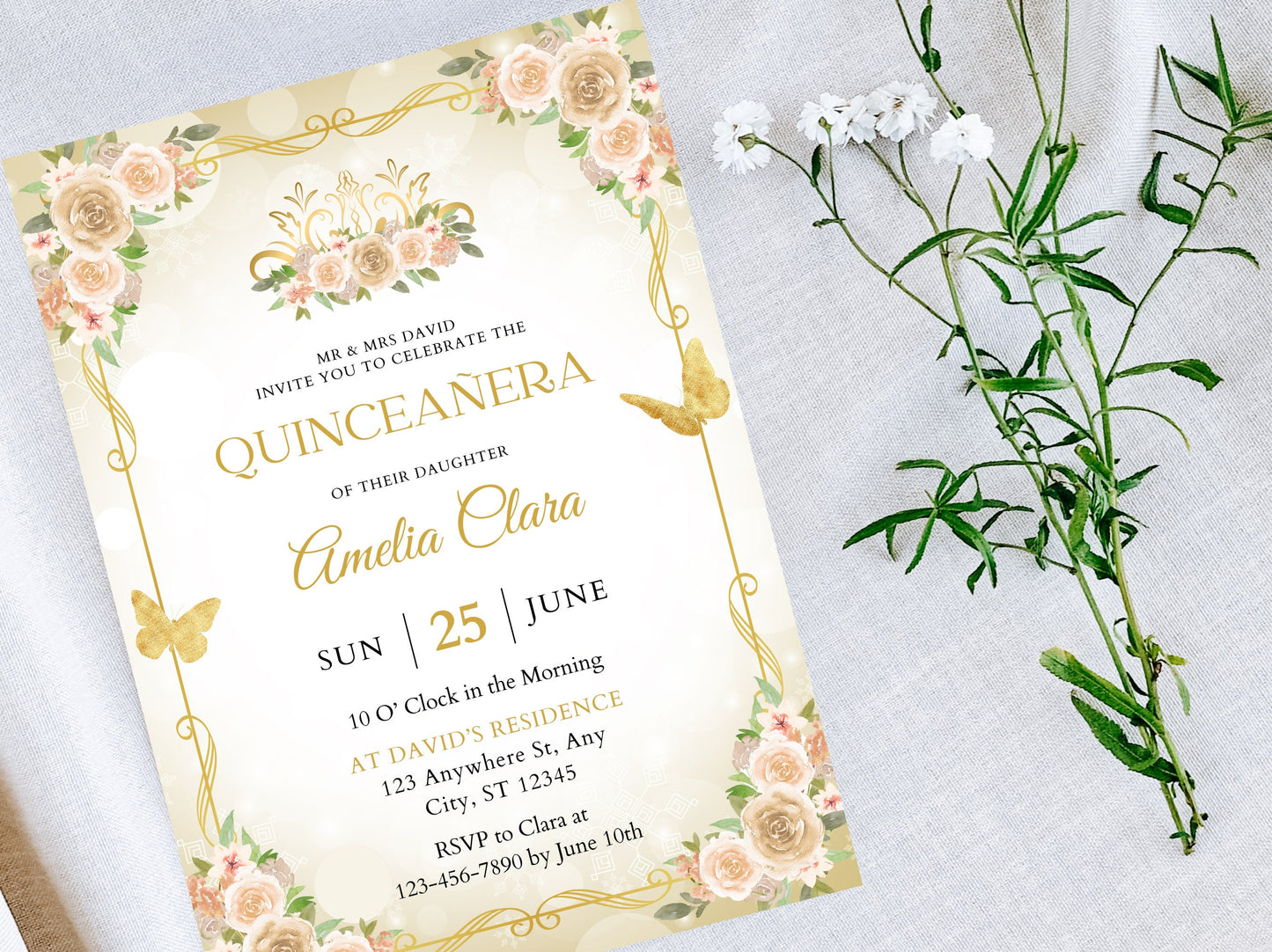 Quinceañera Invitation Template, Floral Miss Quince Anos, Gold Quinceanera Party Invite, Sweet 16, Girl 15th Birthday, Instant Download