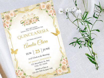 Quinceañera Invitation Template, Floral Miss Quince Anos, Gold Quinceanera Party Invite, Sweet 16, Girl 15th Birthday, Instant Download