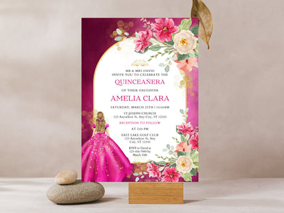 Pink Rose Quinceañera Invitation Template, Floral Miss Quince Anos (Digital Download)