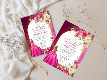 Pink Rose Quinceañera Invitation Template, Floral Miss Quince Anos (Digital Download)
