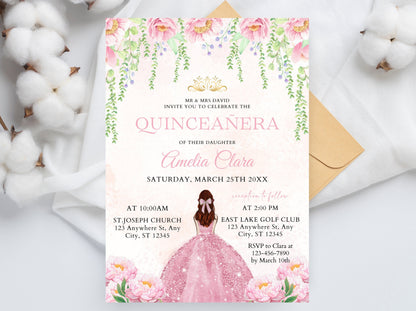 Floral Pink Dress Quinceañera Invitation Template (Editable, Digital Download)
