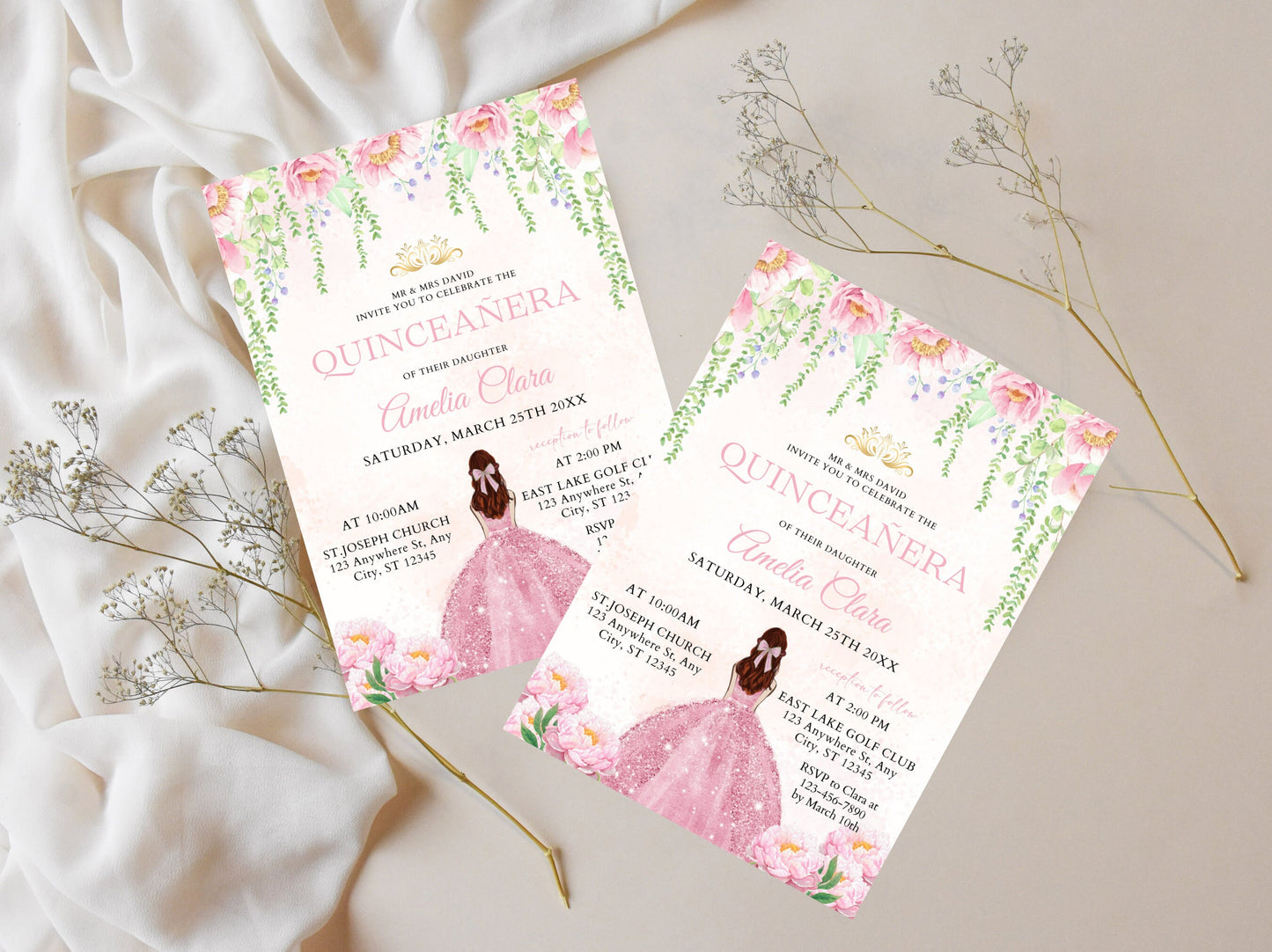 Floral Pink Dress Quinceañera Invitation Template (Editable, Digital Download)