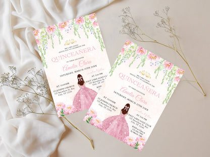 Floral Pink Dress Quinceañera Invitation Template (Editable, Digital Download)