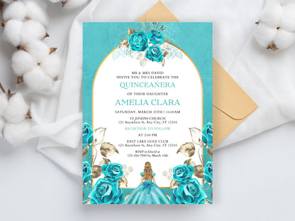 Aqua Blue Floral Quinceañera Invitation Template (Editable, Digital Download)