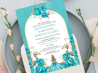 Aqua Blue Floral Quinceañera Invitation Template (Editable, Digital Download)