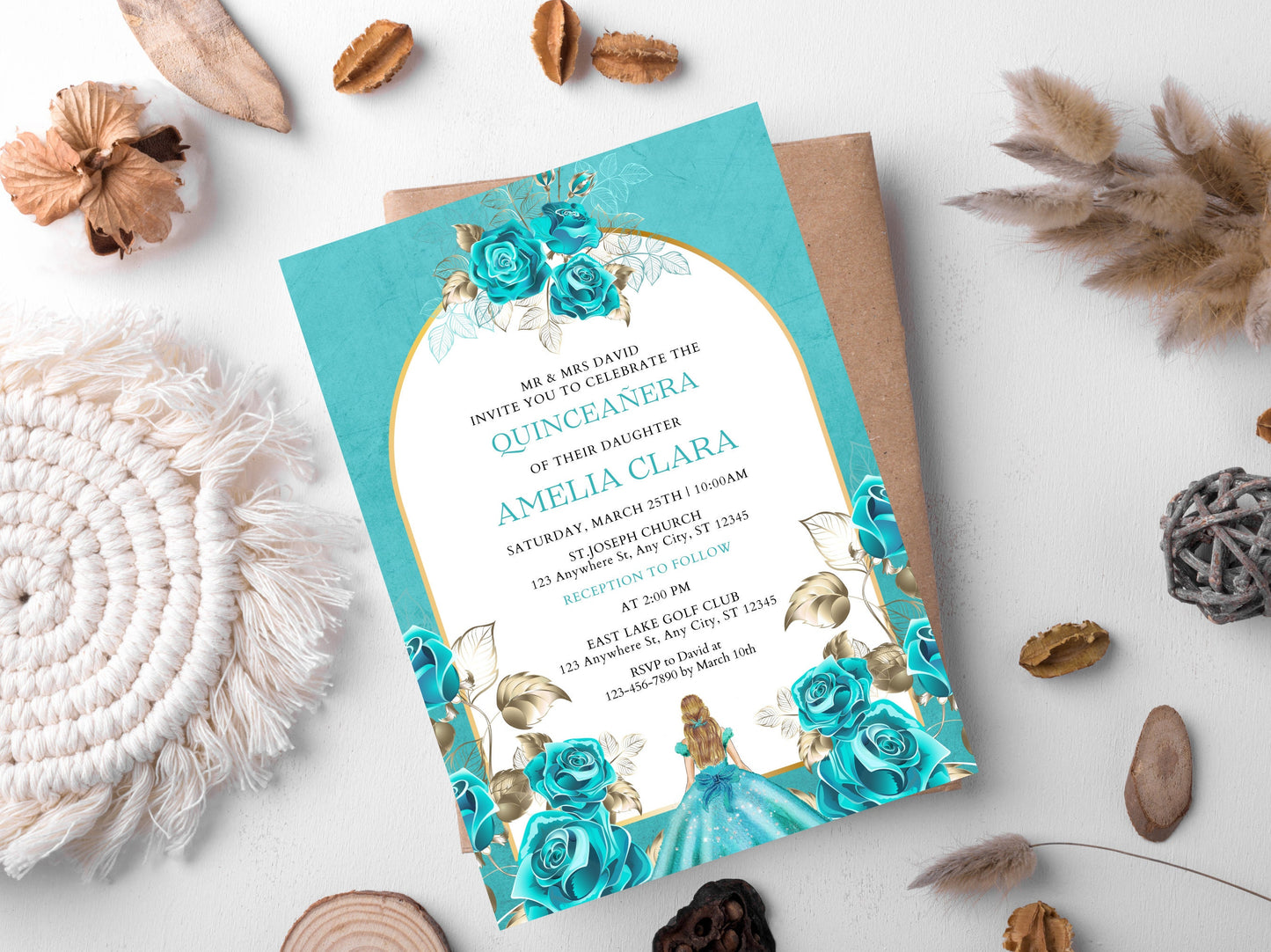 Aqua Blue Floral Quinceañera Invitation Template (Editable, Digital Download)