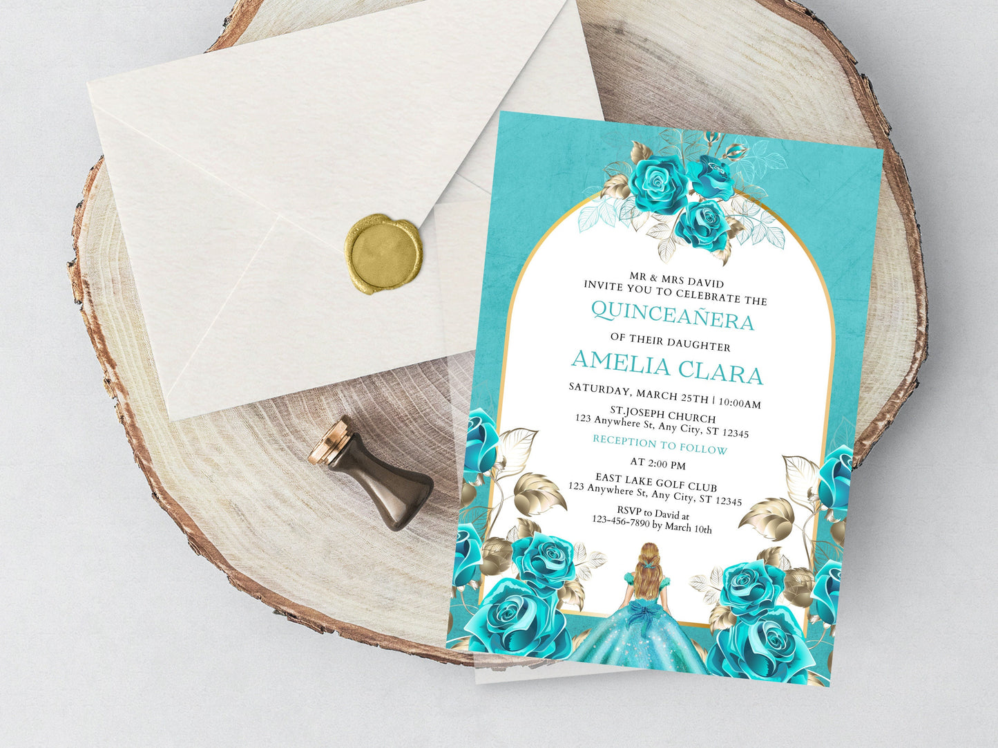 Aqua Blue Floral Quinceañera Invitation Template (Editable, Digital Download)