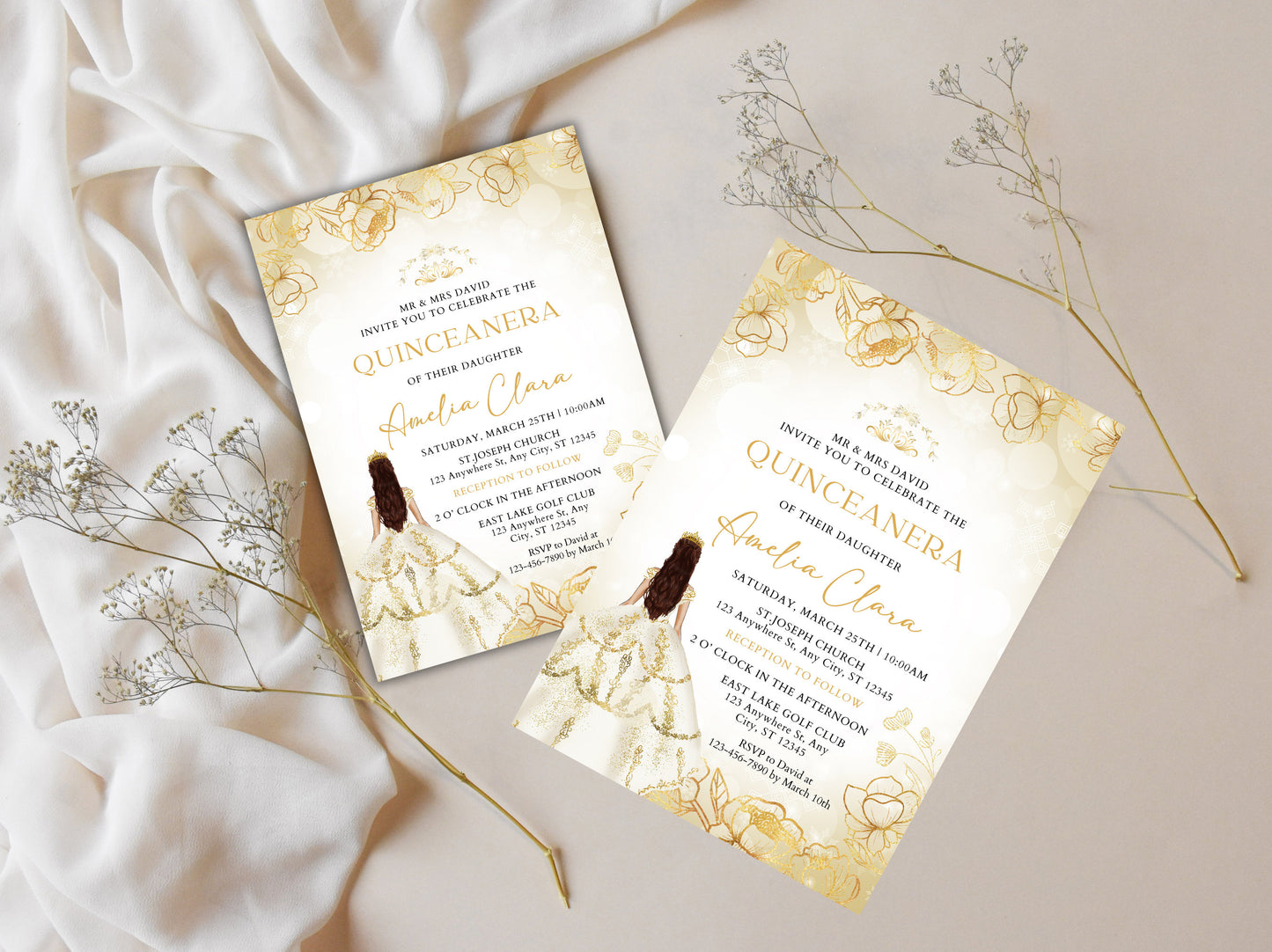 Editable Gold Quinceañera Invitation Template, Floral Quinceañera Invite, Sweet 16, 15th Birthday Party Printable, Instant Download
