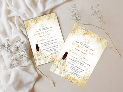 Editable Gold Quinceañera Invitation Template, Floral Quinceañera Invite, Sweet 16, 15th Birthday Party Printable, Instant Download