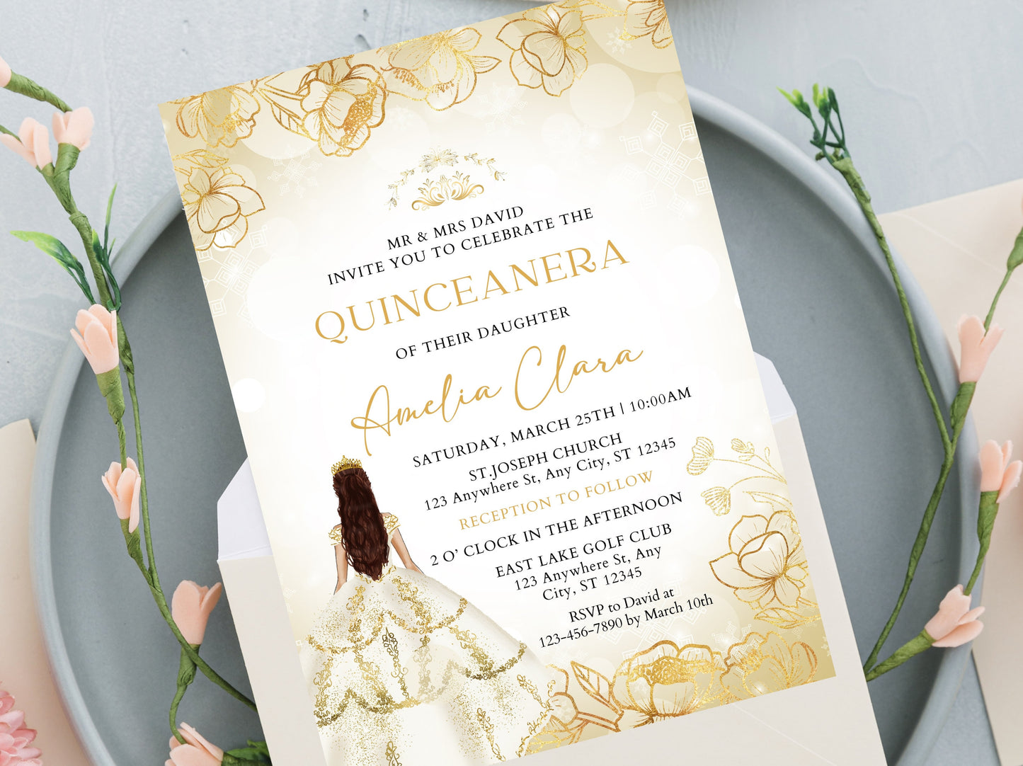 Editable Gold Quinceañera Invitation Template, Floral Quinceañera Invite, Sweet 16, 15th Birthday Party Printable, Instant Download