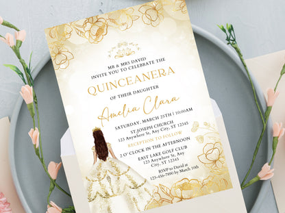 Editable Gold Quinceañera Invitation Template, Floral Quinceañera Invite, Sweet 16, 15th Birthday Party Printable, Instant Download