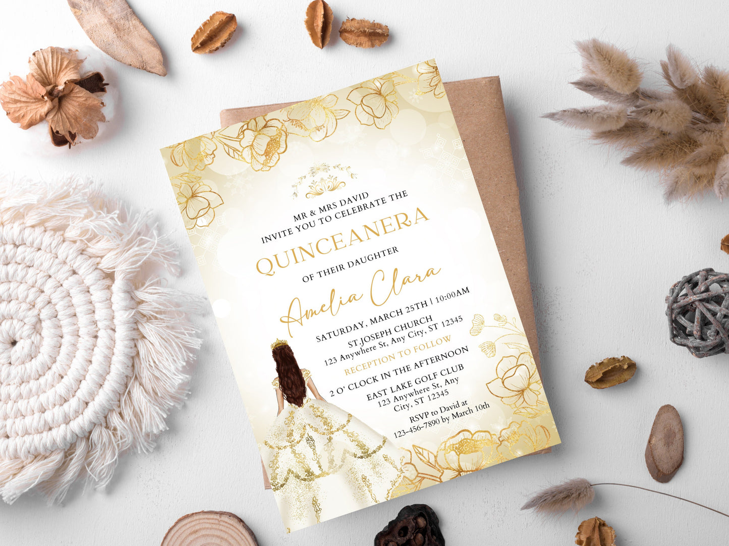 Editable Gold Quinceañera Invitation Template, Floral Quinceañera Invite, Sweet 16, 15th Birthday Party Printable, Instant Download