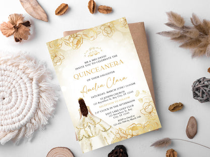 Editable Gold Quinceañera Invitation Template, Floral Quinceañera Invite, Sweet 16, 15th Birthday Party Printable, Instant Download