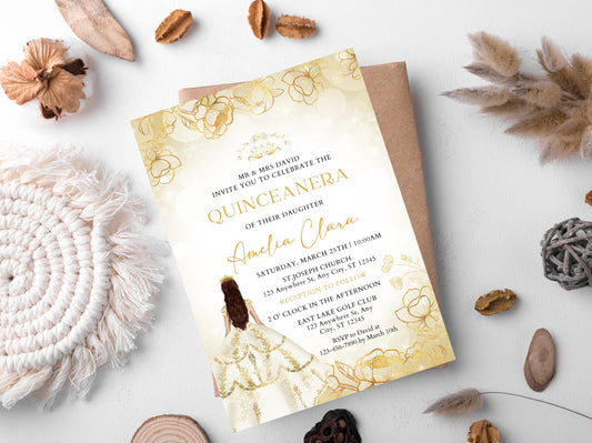 Editable Gold Quinceañera Invitation Template, Floral Quinceañera Invite, Sweet 16, 15th Birthday Party Printable, Instant Download