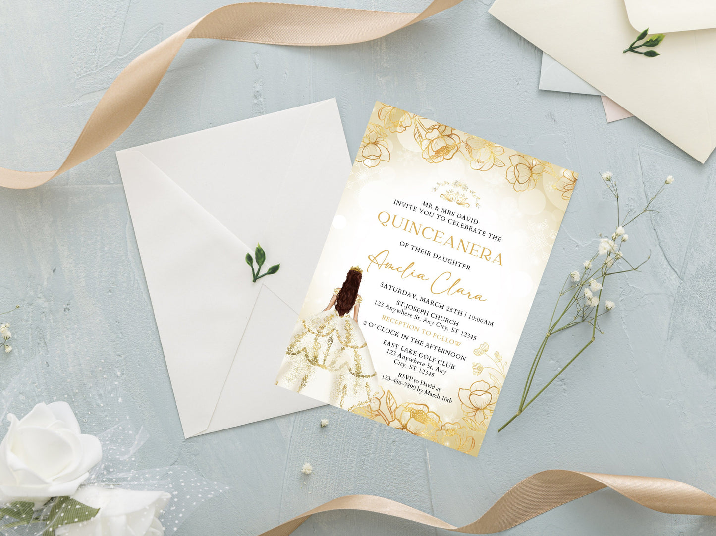 Editable Gold Quinceañera Invitation Template, Floral Quinceañera Invite, Sweet 16, 15th Birthday Party Printable, Instant Download