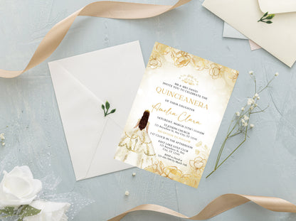 Editable Gold Quinceañera Invitation Template, Floral Quinceañera Invite, Sweet 16, 15th Birthday Party Printable, Instant Download