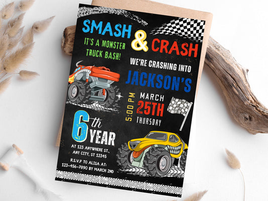 Vorlage für eine bearbeitbare Monster-Truck-Geburtstagseinladung, Big-Wheel-Party (druckbar)