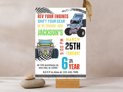 Monster Truck Birthday Invitation Template, Editable Printable Invite (PDF)