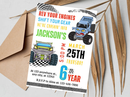Monster Truck Birthday Invitation Template, Editable Printable Invite (PDF)