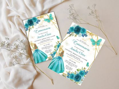 Editable Blue Gold Quinceanera Invitation Template, Wildflower Theme (Digital Download)