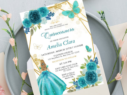 Editable Blue Gold Quinceanera Invitation Template, Wildflower Theme (Digital Download)