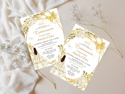Editable Wildflower Quinceanera Invitation, Gold Butterfly (Digital Download)