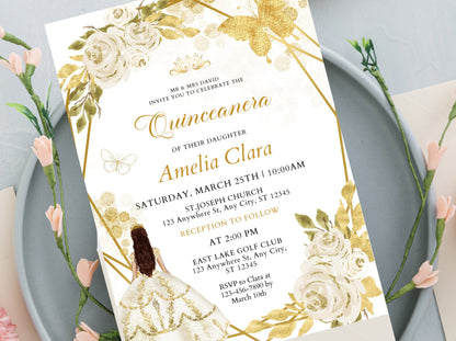 Editable Wildflower Quinceanera Invitation, Gold Butterfly (Digital Download)