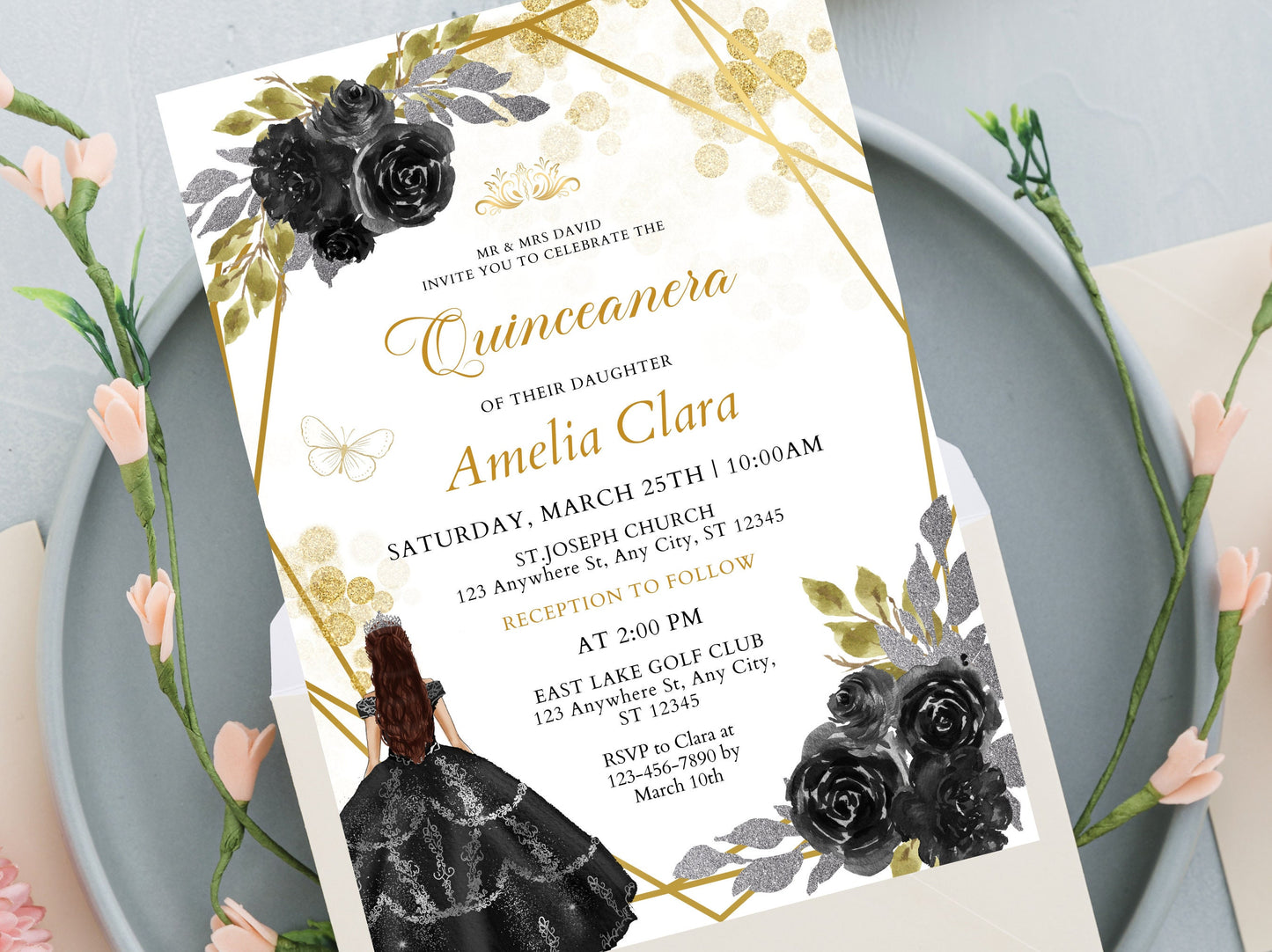 Editable Black and Gold Quinceanera Invitation, Wildflower Design (PDF)