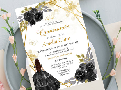 Editable Black and Gold Quinceanera Invitation, Wildflower Design (PDF)