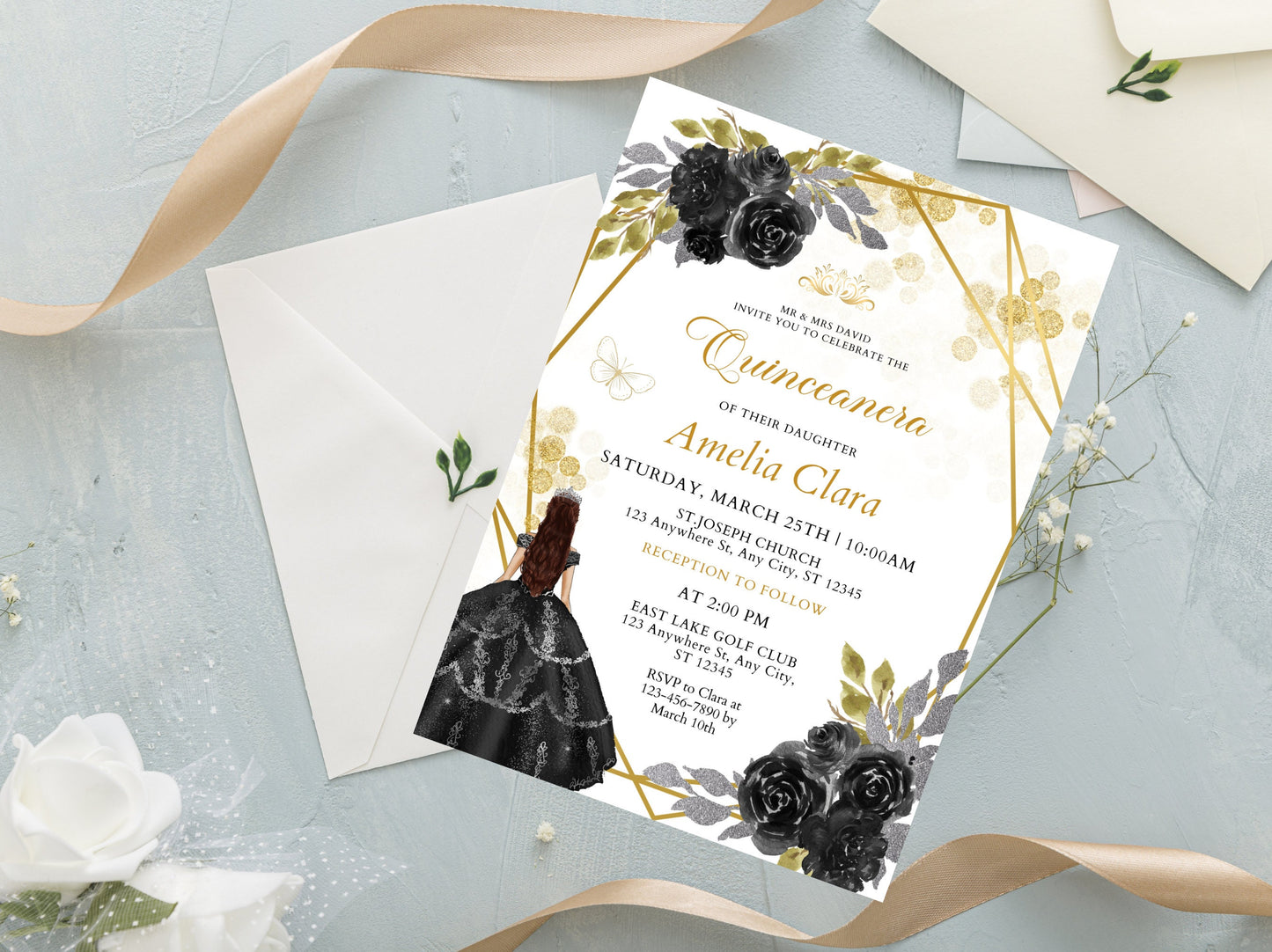 Editable Black and Gold Quinceanera Invitation, Wildflower Design (PDF)