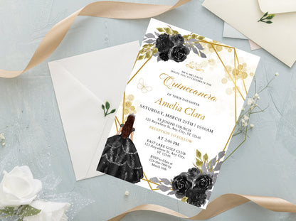 Editable Black and Gold Quinceanera Invitation, Wildflower Design (PDF)