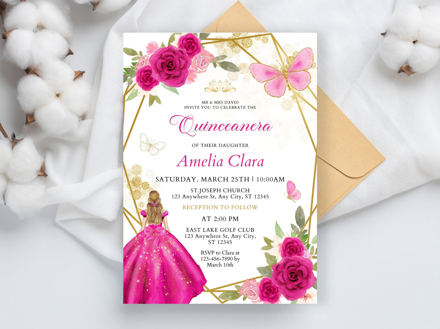 Editable Pink Rose Quinceanera Invitation Template (Digital Download)
