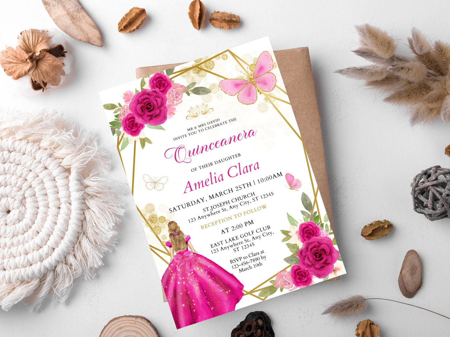 Editable Pink Rose Quinceanera Invitation Template (Digital Download)