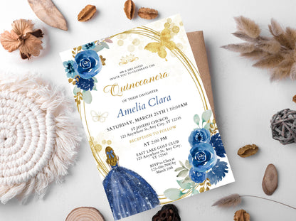 Editable Wildflower Quinceanera Invitation, Blue and Gold (Digital Download)