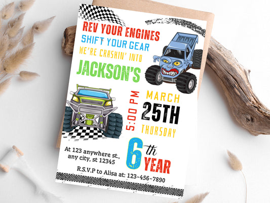 Vorlage für eine Geburtstagseinladung im Monster-Truck-Design, bearbeitbare und druckbare Einladung (PDF)