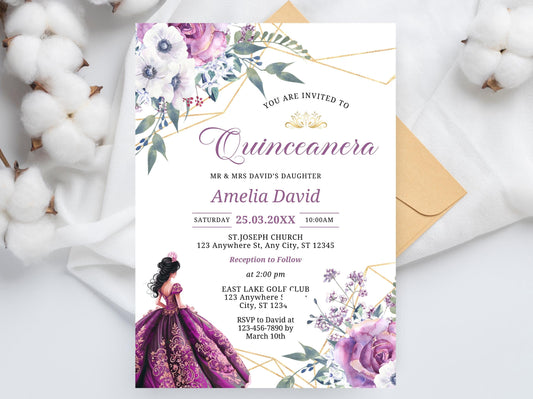 Floral Lavender Quinceañera Invitation, Editable Canva Template (Digital Download)