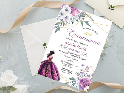Floral Lavender Quinceañera Invitation, Editable Canva Template (Digital Download)