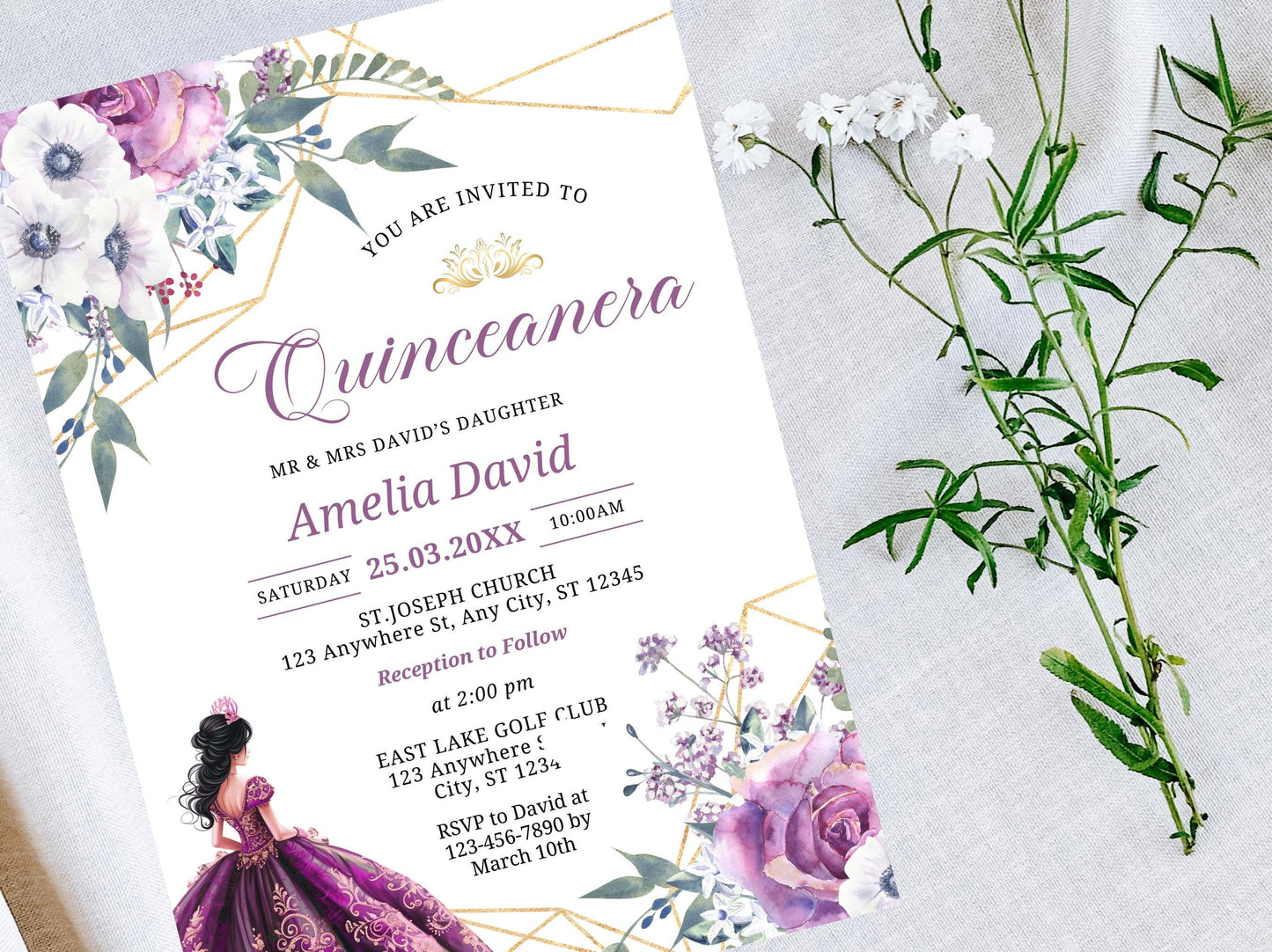 Floral Lavender Quinceañera Invitation, Editable Canva Template (Digital Download)