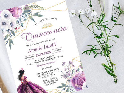 Floral Lavender Quinceañera Invitation, Editable Canva Template (Digital Download)