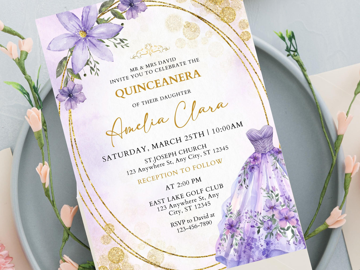 Lavender Pearl Quinceañera Invitation, Butterfly Dress, Gold Details (Instant Download)