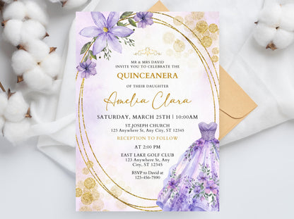 Lavender Pearl Quinceañera Invitation, Butterfly Dress, Gold Details (Instant Download)