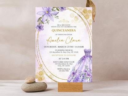 Lavender Pearl Quinceañera Invitation, Butterfly Dress, Gold Details (Instant Download)