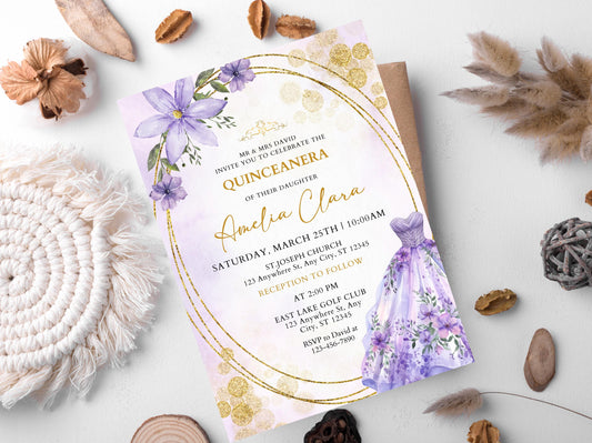 Lavender Pearl Quinceañera Invitation, Butterfly Dress, Gold Details (Instant Download)