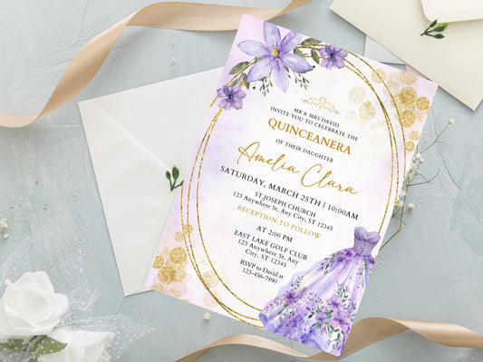 Lavender Pearl Quinceañera Invitation, Butterfly Dress, Gold Details (Instant Download)