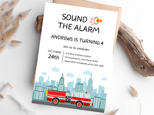 Editable Fire Truck Birthday Invitation, Canva Template (PDF)
