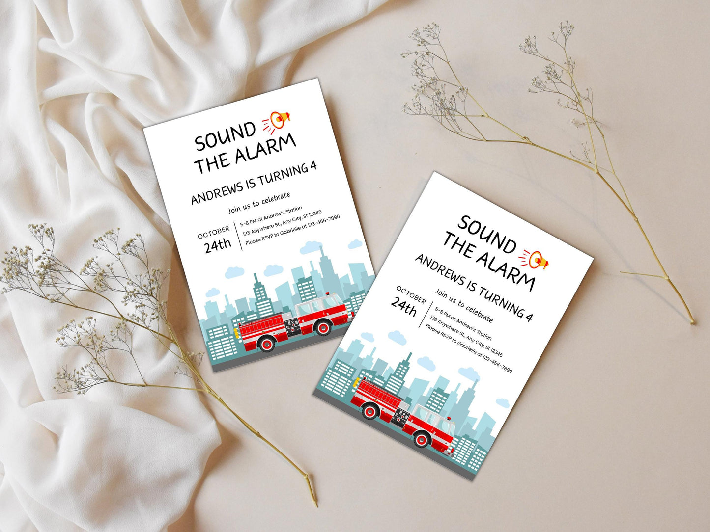 Bearbeitbare Geburtstagseinladung mit Feuerwehrauto-Motiv, Canva-Vorlage (PDF)