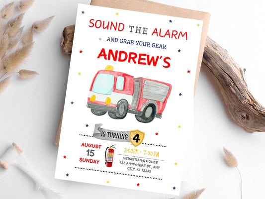 Fire Truck Birthday Invitation Template, Editable Canva (Digital Download)