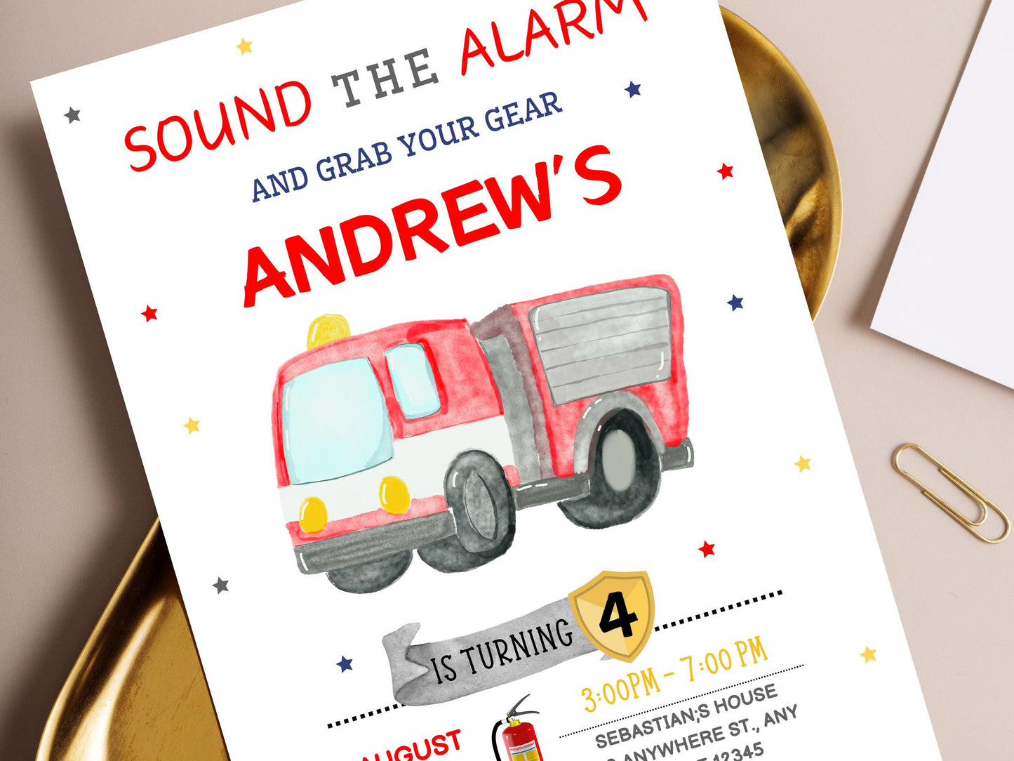 Vorlage für eine Geburtstagseinladung mit Feuerwehrmotiv, bearbeitbare Canva-Datei (digitaler Download)