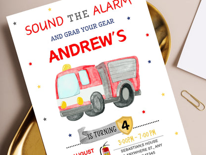 Vorlage für eine Geburtstagseinladung mit Feuerwehrmotiv, bearbeitbare Canva-Datei (digitaler Download)